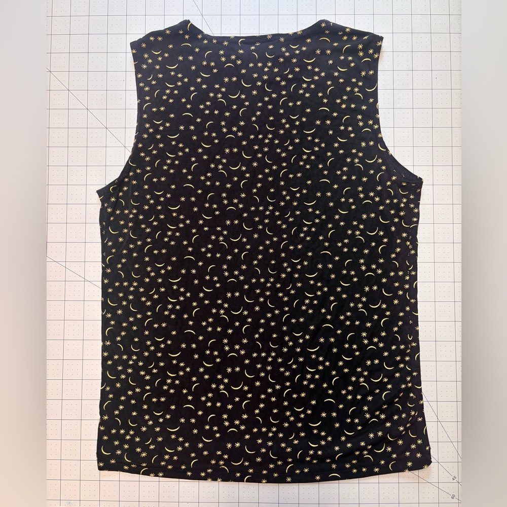 Vintage Black Sleeveless Top with Gold Moon & Star Print